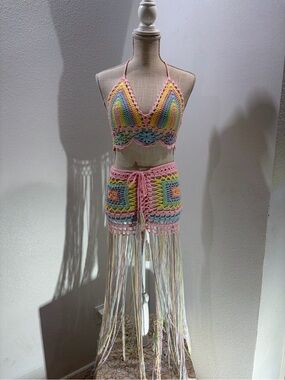 Crochet Rainbow Fringe Two-Piece Set - Pink Accents